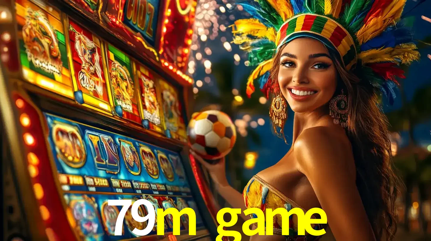 Mulher com um cocar de carnaval ao lado de uma máquina de caça-níqueis enquanto segura uma bola de futebol, mostrando a união da diversão de cassino e esportes no 79m game.