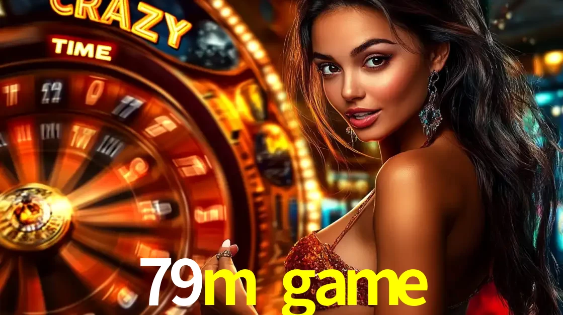 Mulher ao lado da roda de prêmios do jogo de cassino ao vivo Crazy Time, um dos shows de jogos mais emocionantes oferecidos pela plataforma de apostas 79m game.