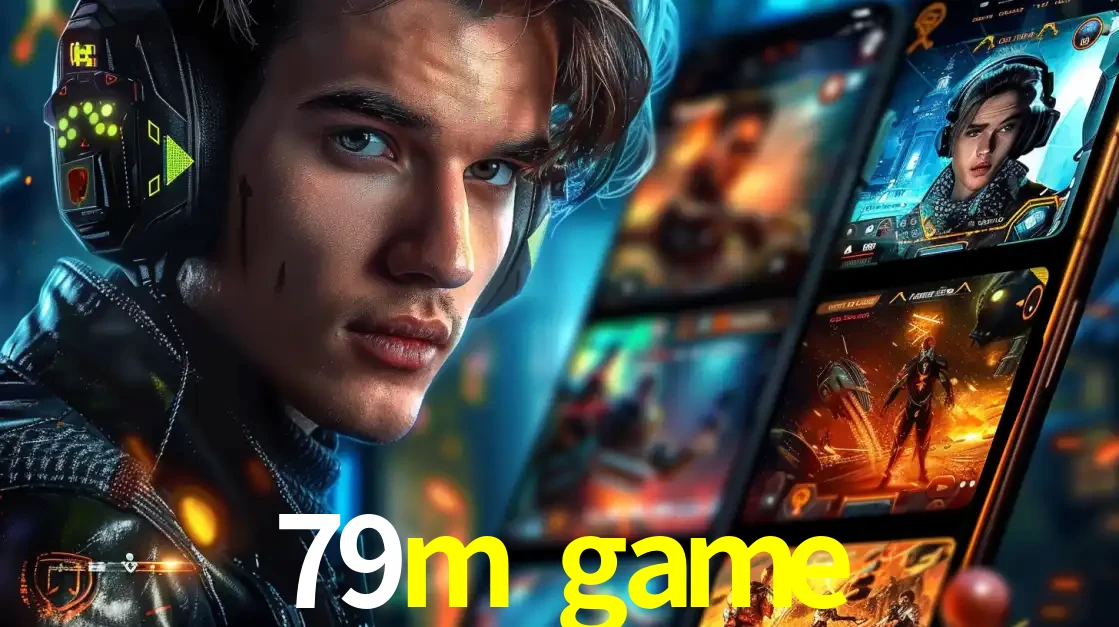 Jovem jogador com fones de ouvido olhando para a câmera, com um aplicativo de jogos e e-sports para celular ao fundo, pronto para a competição e apostas no 79m game.