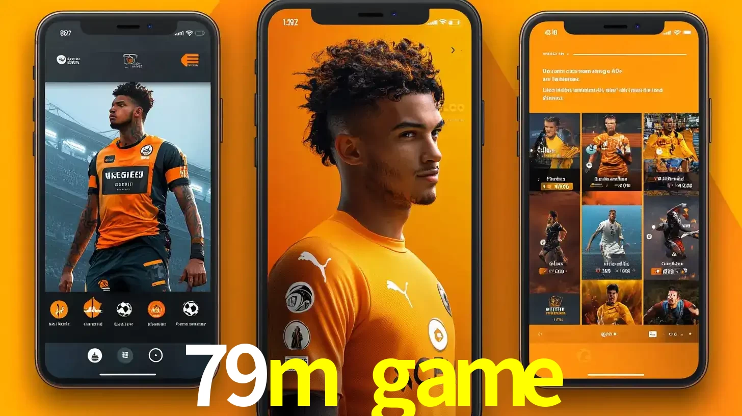 Interface do aplicativo de apostas esportivas 79m game em três telas de celular, mostrando o perfil de um jogador de futebol e a lista de jogos disponíveis para apostar.