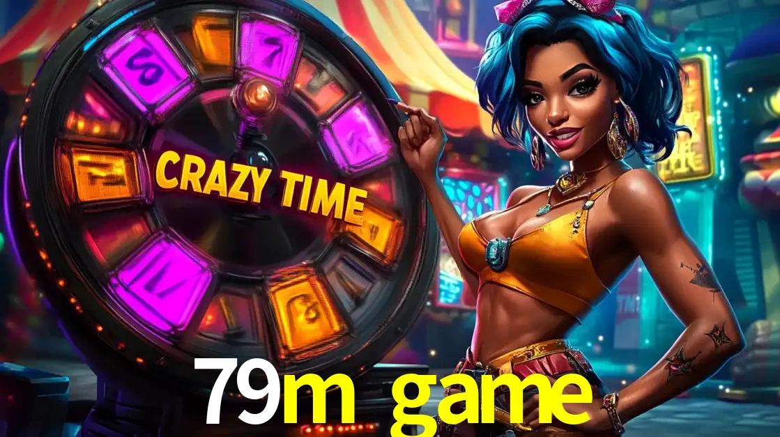 Mulher estilizada com cabelo azul e visual vibrante posando ao lado da roda de prêmios do game show Crazy Time, convidando para a diversão e os bônus do cassino 79m game.