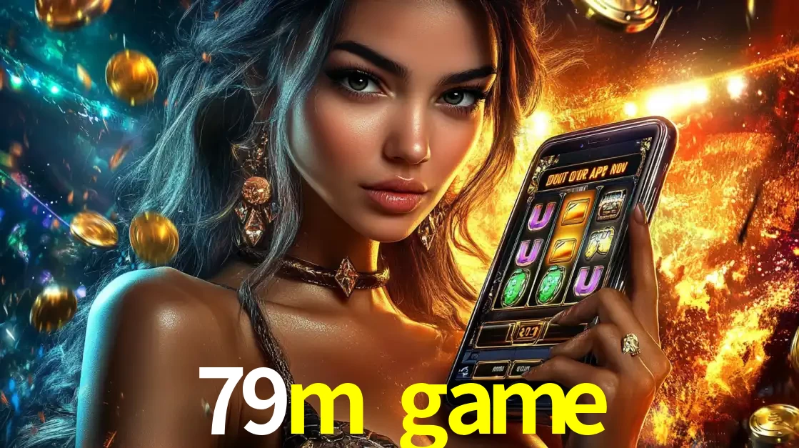 Mulher elegante mostrando um jogo de caça-níqueis em seu smartphone, destacando a experiência de cassino móvel oferecida pelo aplicativo 79m game.