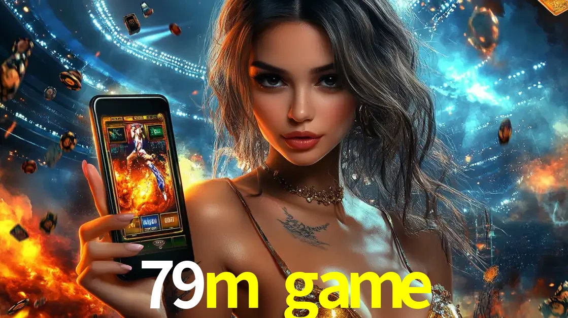 Mulher segurando um celular com um jogo de slot em destaque, tendo como fundo um estádio vibrante, simbolizando a emoção de jogar no cassino móvel 79m game.