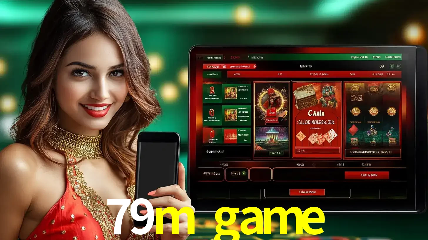 Mulher sorridente segurando um smartphone, ao lado de uma tela exibindo o lobby de jogos do cassino online 79m game, com várias opções de jogos de cartas e slots.